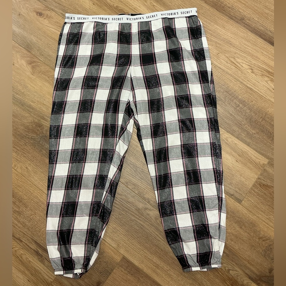 Victoria’s Secret Jogger Pajama Pants L Shimmer Plaid Black White Pink Logo Y2K